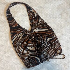 Brown and Black Marble Print Ruched Halter Top
